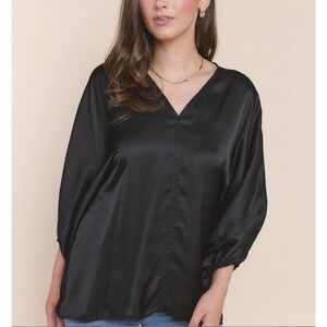 Sofia Made in Italy Black Silk Blend Blouse V-Neck Long Sleeve Top Size M